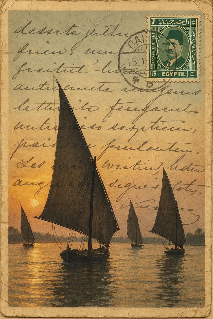 A vintage Egyptian postcard showing dhows on the Nile at sunset, overlaid with cursive handwriting and an Egyptian postage stamp.