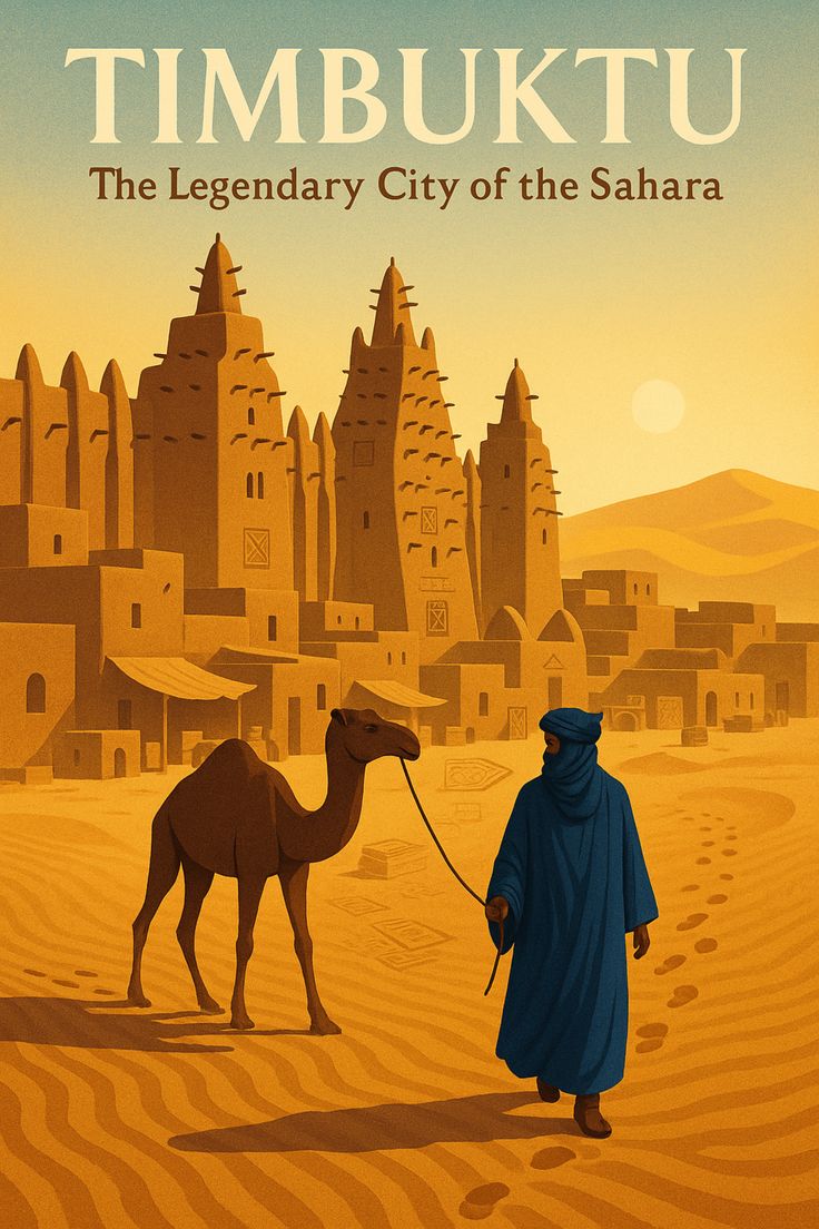 A vintage illustrated travel poster of Timbuktu showing a robed traveller and a camel against the mud-brick mosque.